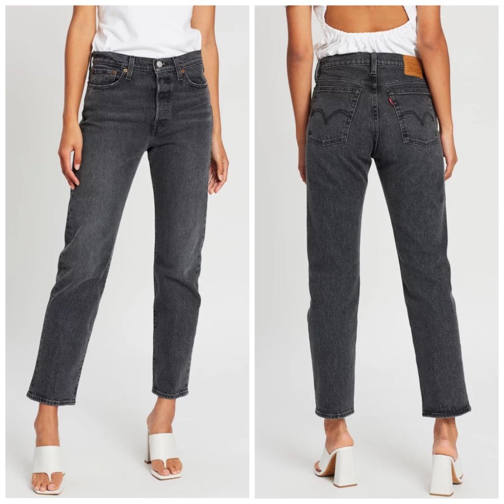 Levis Premium Womens Wedgie Straight Crop Denim Jeans Black Gray High Rise NWT